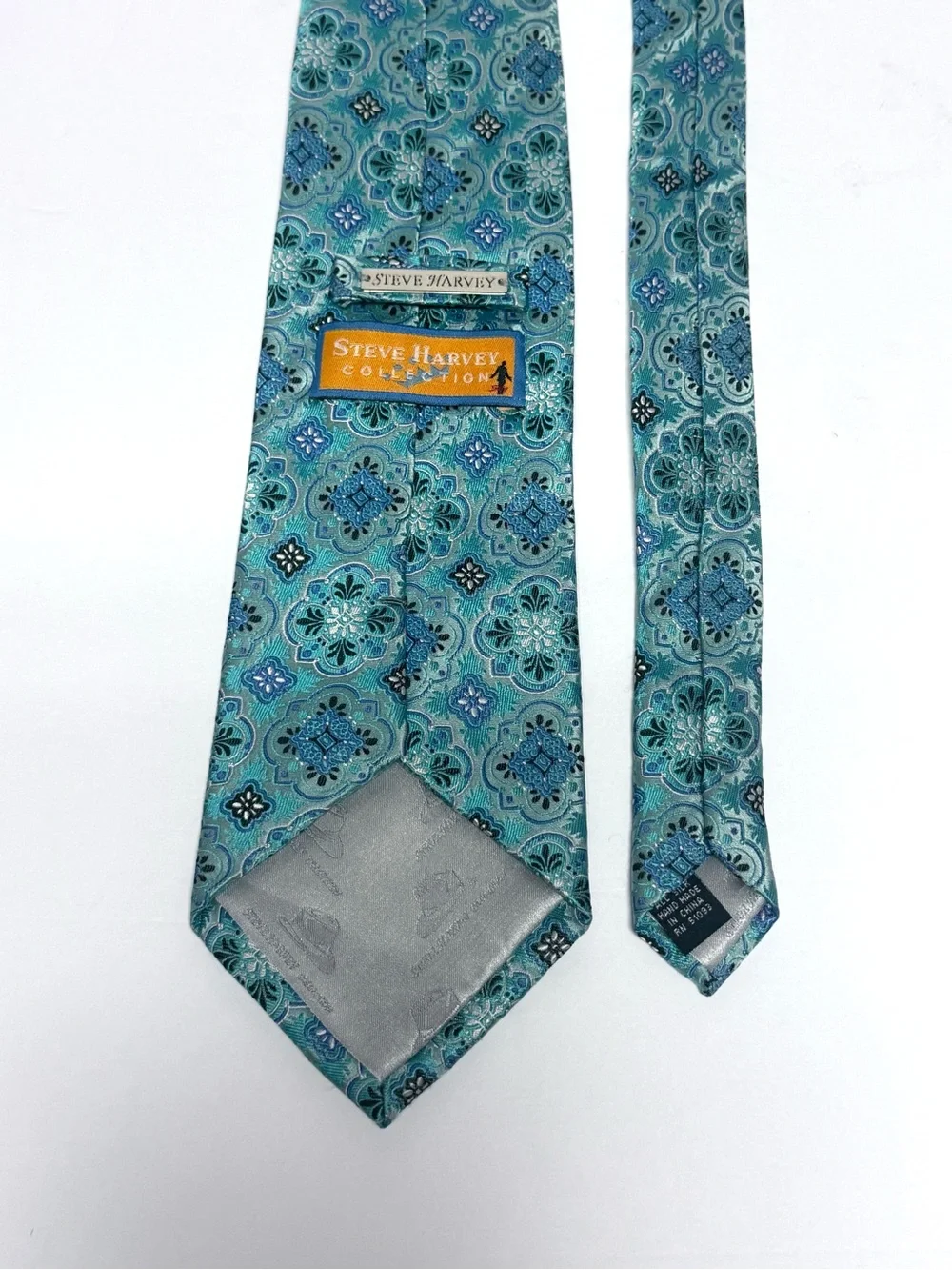 Steve Harvey 100 Silk Jacquard Aqua Blue Silver Moroccan Tile Tie